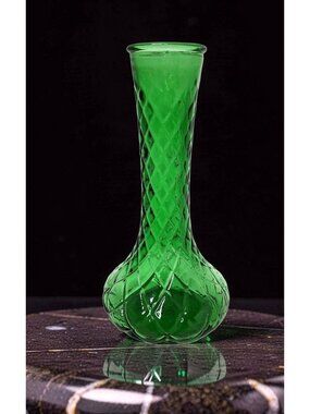 Vintage Hoosier Emerald Green Diamond Cut Glass Flower Vase 9".